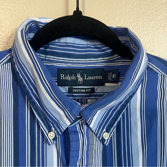Polo Ralph Lauren Custom Fit Vertical Stripe Blue & White Button Down Size XL - Picture 3 of 7